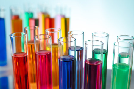 Many test tubes with colorful liquids on turquoise background, closeupの写真素材