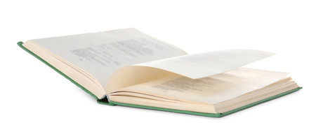 Open old hardcover book isolated on whiteの写真素材