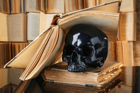 Black human skull and old books on mirror table