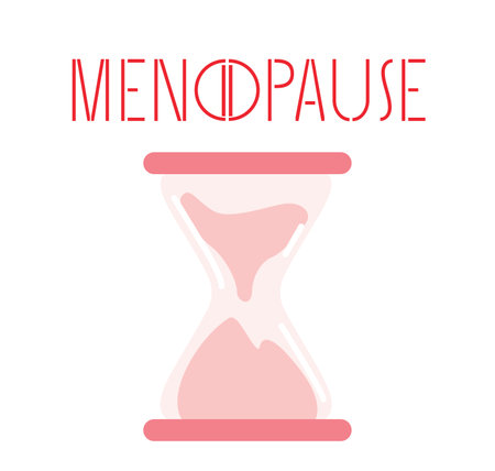 menstrual cycle. Word Menopause with letter O as pause button and sandglass on white background....