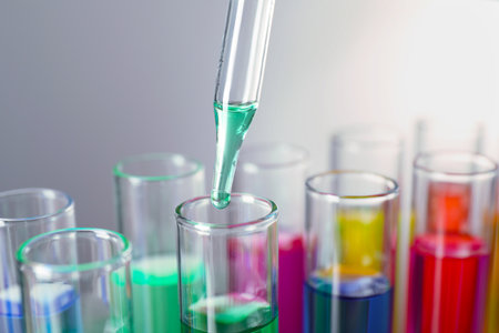 Dripping liquid from pipette into test tube on gray background, closeupの写真素材