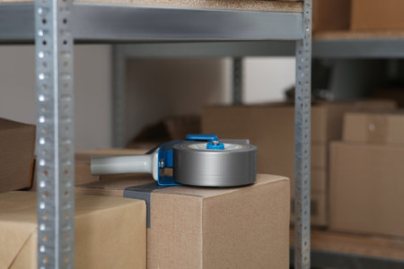 Adhesive tape dispenser on cardboard box indoors