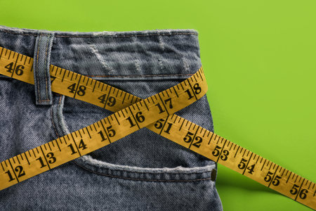 Jeans with measuring tape on green background, top view. weight loss conceptの写真素材