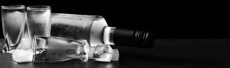 Bottle of vodka and shot glasses with ice on table against black background, space for text. banner designの写真素材