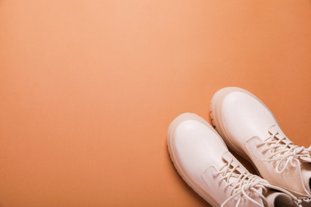 Pair of stylish leather shoes on light brown background, flat lay. Space for textの写真素材