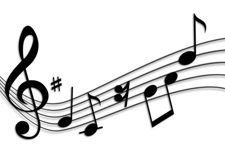 Staff with treble clef and musical notes on white backgroundの写真素材