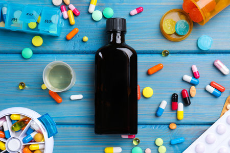 Flat lay composition with bottle of syrup, measuring cup and on light blue wooden table. cold medicineの写真素材