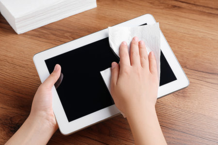 Woman wiping device with paper towel at wooden table, closeupの写真素材