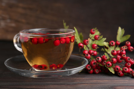 Cup of delicious immunity boosting tea with hawthorn on wooden table, closeup. Space for textの写真素材