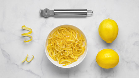 Bowl with peel pieces, fresh lemons and zester on white marble table, flat layの写真素材
