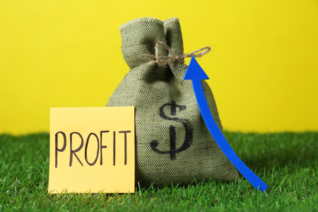 Sticky note with word Profit, money of bag and up arrow against yellow background