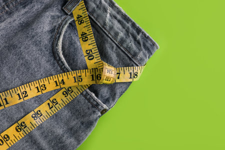 Jeans and measuring tape on green background, top view with space for text. weight loss conceptの写真素材