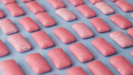 Many sweet chewing gums on light blue background, closeupの写真素材