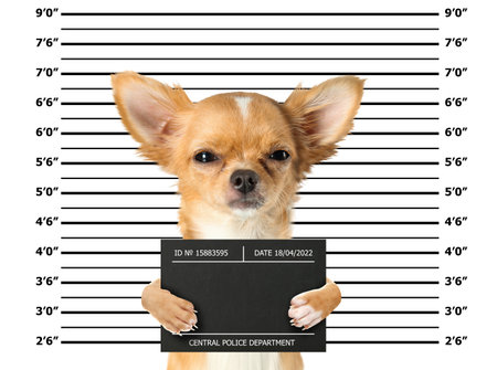 Arrested Chihuahua with mugshot board against height chart. fun photo of criminalの写真素材