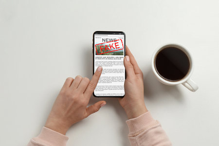 fake information. Woman using mobile phone to read news at white table, closeupの写真素材