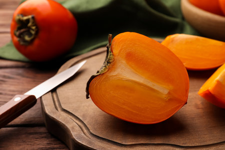 Delicious ripe persimmons and knife on wooden board, closeupの写真素材