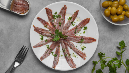Delicious anchovy fillets, served with olives and parsley on gray table, flat layの写真素材
