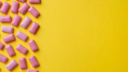 Sweet chewing gums on yellow background, flat lay. Space for textの写真素材