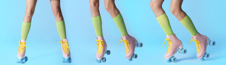 Photos of woman with retro roller skates on light blue background, closeup. collage banner designの写真素材