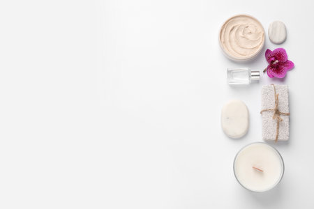 Flat lay composition with different spa products on white background. Space for textの写真素材
