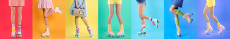 Photos of women with retro roller skates on different color backgrounds, closeup. collage banner designの写真素材
