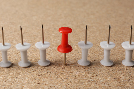 Recruitment process, job competition concept. Red pin as best applicant among white ones on wooden tableの写真素材
