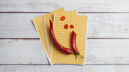 Pepper plasters and chili on white wooden table, top viewの写真素材