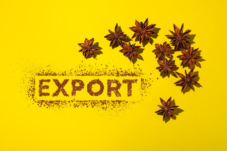 Word Export made of cacao powder and anise stars on yellow background, flat lay