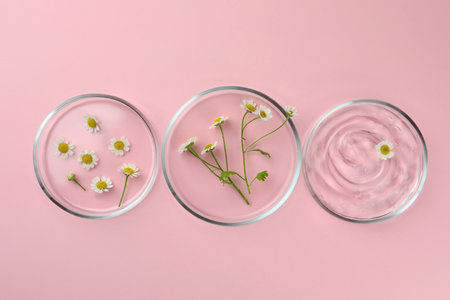 Petri dishes with chamomile flowers and cosmetic product on pink background, flat layの写真素材