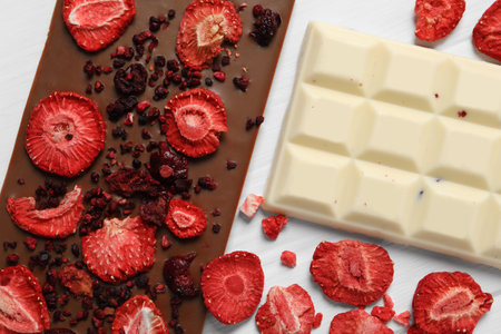 Different chocolate bars with freeze dried fruits on white wooden table, flat lay