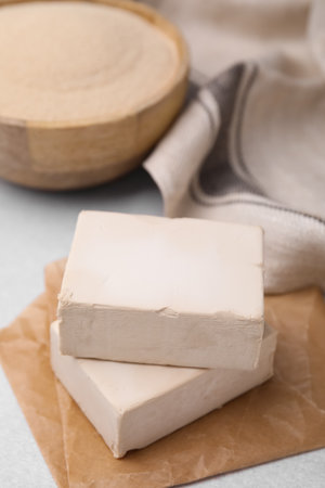 Blocks of compressed yeast on light gray table, closeupの写真素材