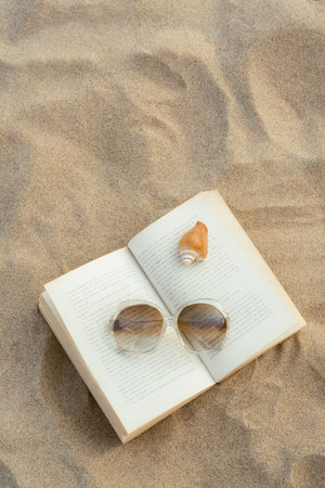 Beautiful sunglasses, book and shell on sand, top view. Space for textの写真素材