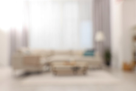 Blurred view of stylish living room interior with cozy sofaの写真素材