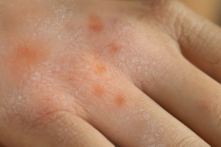Close up view of person with dry skin on handの写真素材