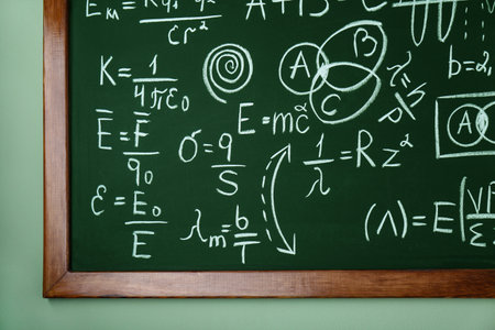 Blackboard with different physical formulas written with chalk on light green wallの写真素材