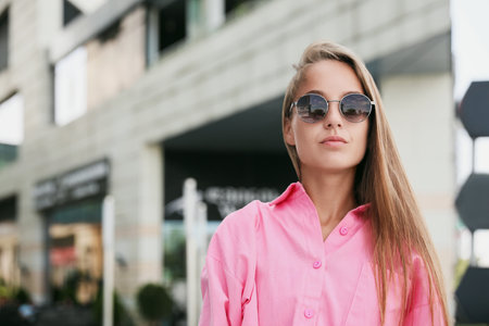 Beautiful young woman in stylish sunglasses on city street, space for textの写真素材