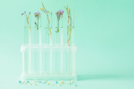 Different plants in test tubes on light turquoise background. Space for textの写真素材