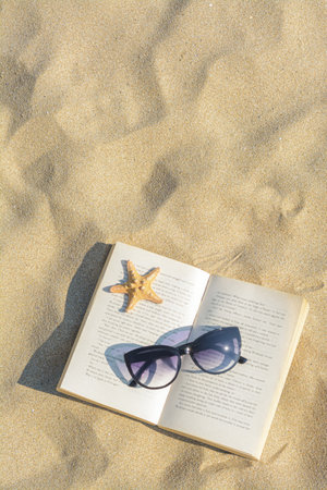Beautiful sunglasses, book and starfish on sand, top view. Space for textの写真素材
