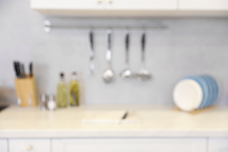 Blurred view of modern kitchen. interior designの写真素材