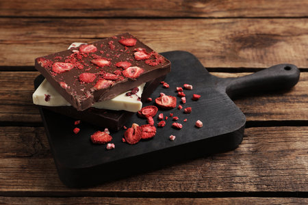 Board and different chocolate bars with freeze dried fruits on wooden tableの写真素材