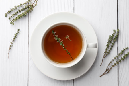 Cup of aromatic herbal tea with thyme on white wooden table, flat layの写真素材