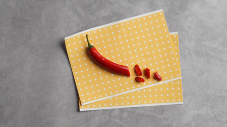 Pepper plasters and chili on gray textured background, top view