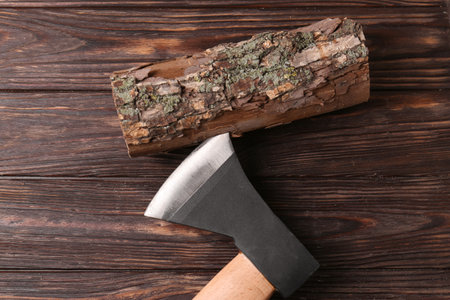 Metal ax and wooden log on table, flat lay