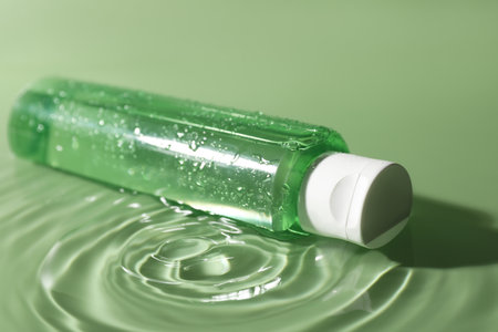 Bottle of micellar water in liquid on green backgroundの写真素材