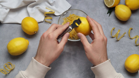 Man zesting lemon at gray table, closeupの写真素材