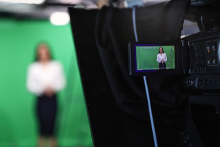 Presenter working in studio, focus on video camera screenの写真素材