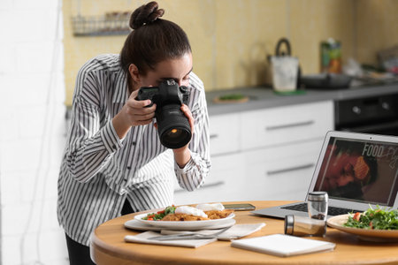 Food blogger taking photo of her lunch at wooden table indoorsの写真素材