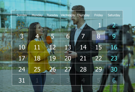 Double exposure of calendar and journalist interviewing woman outdoors. personal scheduleの写真素材