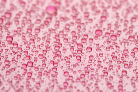 Water drops on pink background, closeup view