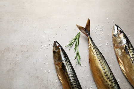 Tasty smoked fish on light gray table, flat layの写真素材